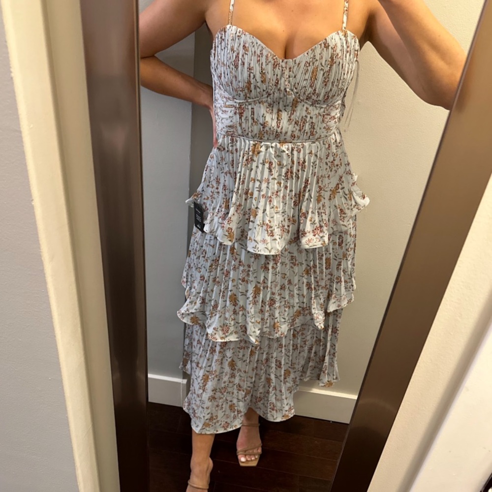 Lulus Cascading Crush Pale Blue Floral Print Tiered Bustier Midi Dress